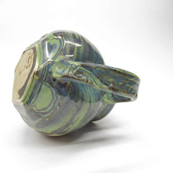 Handmade Ceramic Teapot Artisan Handle & Abstract Green Blue Swirl Glaze Signed - Picture 16 of 16